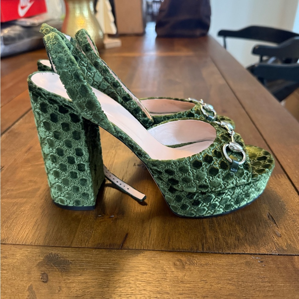 Gucci Olive Velvet Platform Heels - Picture 8 of 10